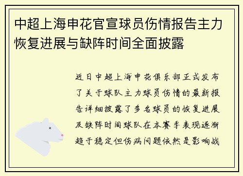 中超上海申花官宣球员伤情报告主力恢复进展与缺阵时间全面披露